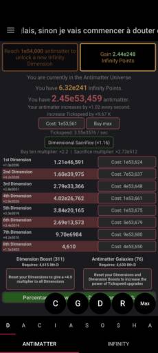 A screenshot of the incremental game Antimatter Dimensions.