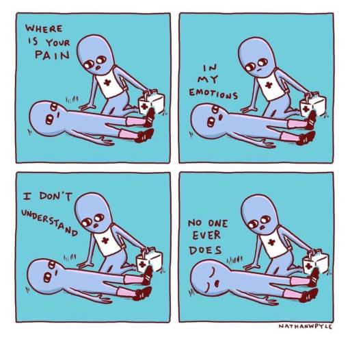 A four panel comic with a football(soccer) player lying on the ground and a doctor treating his injuries. 
                                            Doctor: Where is your pain?
                                            Football player: In my emotions. 
                                            Doctor: I don't understand.
                                            Football player: No one ever does. *closes his eyes*