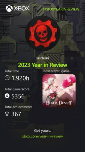 A Xbox 2023 year in review card.
                                            The most played game is Black Desert.
                                            Total time is 1920 hours.