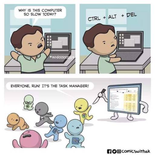 A three panel comic strip featuring a little man working at his computer.
                                            Panel 1: "Why is this computer so slow today" he says angrily.
                                            
                                            Panel 2: He presses CTRL + ALT + DEL
                                            
                                            Panel 3: Task manager is holding a knife while the processes are panicking. 
                                            "Everyone, run! It's the task manager" they shout.