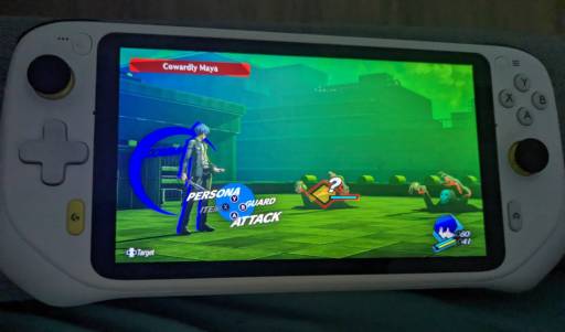 Photo of the Logitech G Cloud Handheld playing Persona 3 Reload.