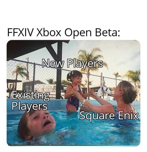 A mother with two children in the pool. The mother is captioned as Square Enix. She is holding a child which is captioned as New Players.
                                                        Another child, captioned as Existing Players is drowning.