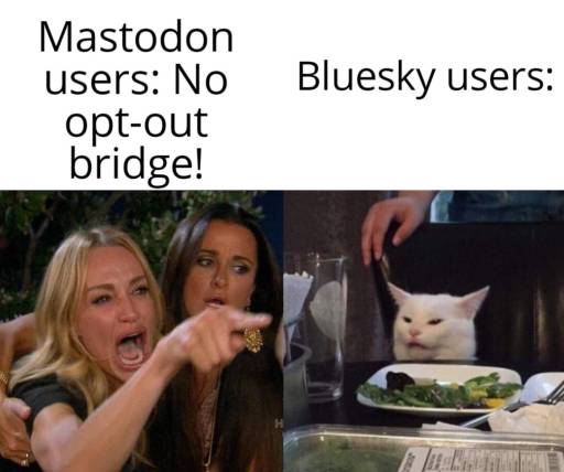 A meme. 
                                                        On the left is a woman shouting and pointing her finger at the right picture. Caption: Mastodon users: No opt-out bridge!
                                                        
                                                        On the is a white cat sitting at the dining table. Caption: Bluesky users: