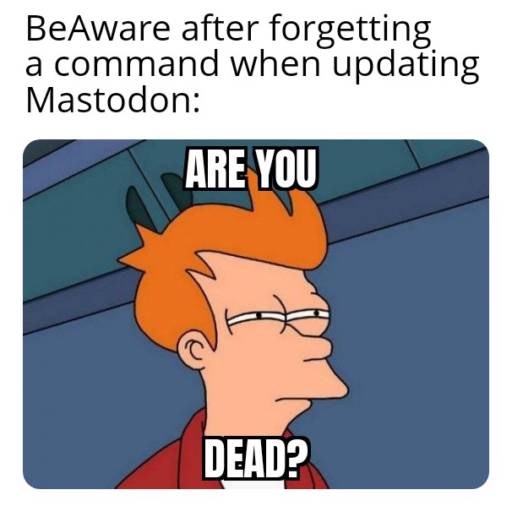 A meme.
                                            Text: BeAware after forgetting a command when updating Mastodon:
                                            
                                            Image: Fry from Futurama squinting his eyes. Caption: Are you dead?