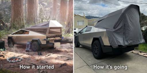 A comparison picture of the Tesla Cybertruck tent attachment. 
                                            Caption: How it started, How it's going