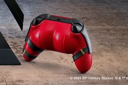 A red Xbox controller featuring Deadpools ass on the back.