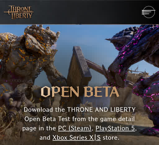 Screenshot of Thrones and Liberty open beta announcement page.