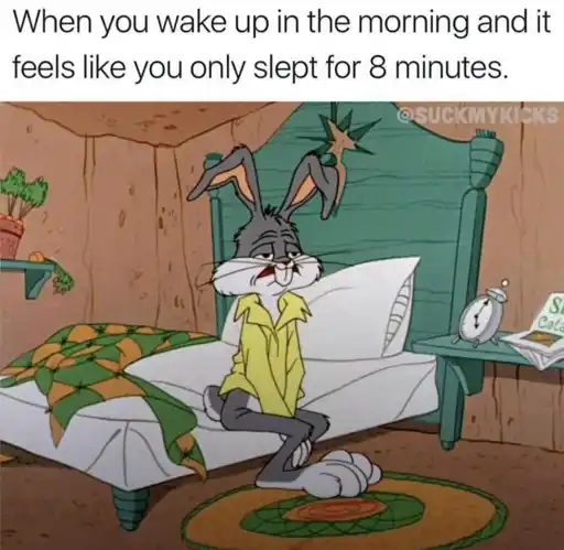 Bugs Bunny sitting tired in bed. 
                                            Text: When you wake up in the morning and it feels like you only slept for 8 minutes.