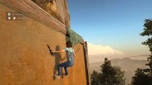 A Deliver us Mars screenshot. 
                                                        Young Kathy is climbing a wall with sandals on.