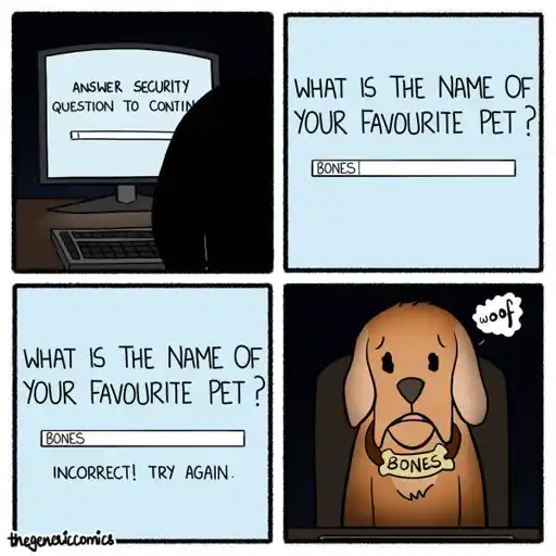 A four panel comic strip. 
                                                        Panel 1: On the computer screen: Answer security question to continue. 
                                                        Panel 2: What is the name of your favorite pet? *Bones entered*
                                                        Panel 3: Incorrect! Try again. 
                                                        Panel 4: Sad dog with a nameplate which says Bones.