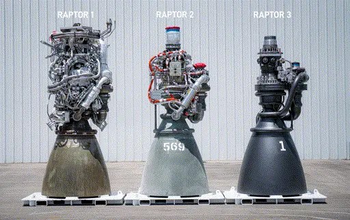 SpaceX Raptor 1, 2 and 3 engine comparison.