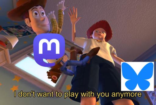 meme of toy story which has the kid dropping the old toy (the mastodon logo) and dropping it on the floor, replacing it with the new toy (bluesky logo)