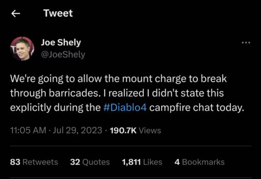 We're going to allow the mount charge to break through barricades. I realized I didn't state this explicitly during the #Diablo4 campfire chat today.