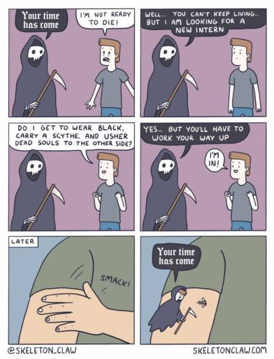 A conversation between death and his next victim.
                                            Death: Your time has come. 
                                            Guy: I'm not ready to die!
                                            Death: Well. You can't keep living, but I'm looking for a new intern.
                                            Guy: Do I get to wear black, carry a scythe and usher dead souls to the other side? 
                                            Death: Yes, but you'll have to work your way up. 
                                            Guy: I'm in!
                                            On the last panel a mini death says to a dead fly: Your time has come