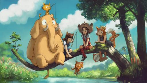 Many characters are sitting on a branch over a small pond, in nature. The branch bends under the weight of the giant Mastodon mascot. On his head, Carrot is fishing, but only gets a flower. Near him, the mascot of Misskey Ai-chan (a young Japanese student dressed in a school uniform and with cat hears) is fishing: she has caught the mascot of Peertube, an octopus. Pepper the witch is sitting in the middle of the branch, amused by the scene, and on the left, Pleroma-tan (a fox girl in a dark Japanese dress, with a fox tail) is also amused by the scene. Under the branch hangs the mascot of Gotosocial, a sloth.
                                            
                                            License: CC-BY-SA by David Revoy, with fair-use parody of "My Neighbor Totoro", ( www.ghibli.jp ), and mascots of Mastodon ( joinmastodon.org ) , Pleroma-tan ( pleroma.social ), Misskey Ai-chan ( misskey-hub.net ), GotoSocial ( gotosocial.org ), Peertube  ( joinpeertube.org ). 
                                            https://creativecommons.org/licenses/by-sa/4.0/deed.en